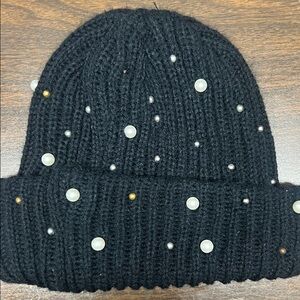 Black Knit Beanie with Pearl Accents